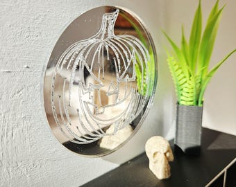 Miniature Round pumpkin Mirror – 1:12 Scale Dollhouse Silver Acrylic Halloween Wall Art