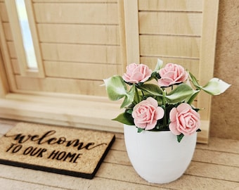 Modern Dolls House Plant Pot with Roses | 1:12 Scale Miniature Home Decor