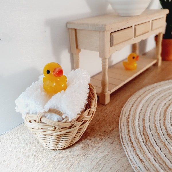 Dolls House Wicker Towel Basket with 3 Rolled up Towels and a cute little duck,  1:12th Scale, Miniature