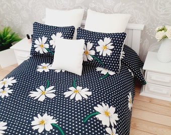 Dolls house Navy Floral 6 piece set, Double bedding, pretty navy flowers, 12th scale bedding, miniature bed set