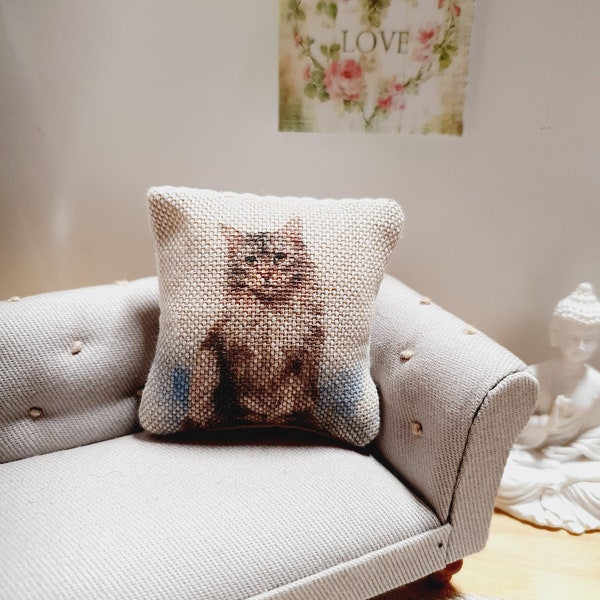 Dolls house 1x Tabby Cat cushion, Cute Little Cat, 12th scale cushions, miniature cushion