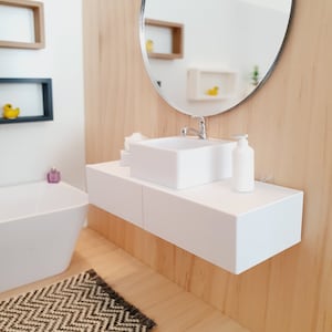 Dolls House Modern White Bathroom Vanity with White Round or Square Sink  1:12th Scale, Miniature (FVA-2)