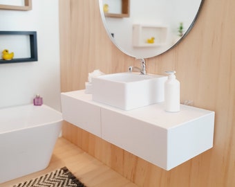 Dolls House Modern White Bathroom Vanity with White Round or Square Sink  1:12th Scale, Miniature (FVA-2)