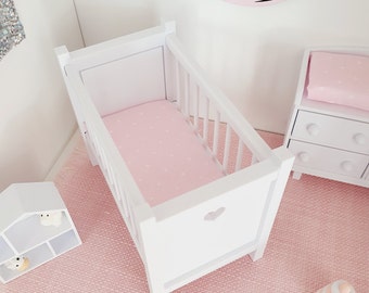 Dolls House Modern Coloured Cot with polka dot mattress, 1:12th Scale, Miniature Crib/ Cot (COT1)