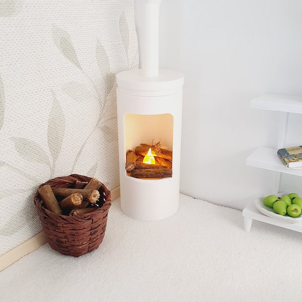 Puppenhaus Weißes Modernes Rundes Kaminfeuer mit leuchtender Flamme und Holz, Maßstab 1:12, Miniaturfeuer (FIRE4)