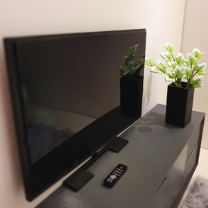 Modern Flatscreen Television on a Modern Stand with remote control, dolls house, Miniature TV (TVST)
