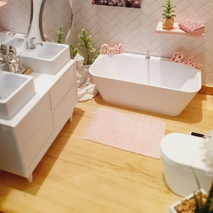 Dolls House Modern Full Bathroom Set, Bath, Vanity with double sinks, Toilet, Mirror & Soap Pump, 1:12th scale, miniature set