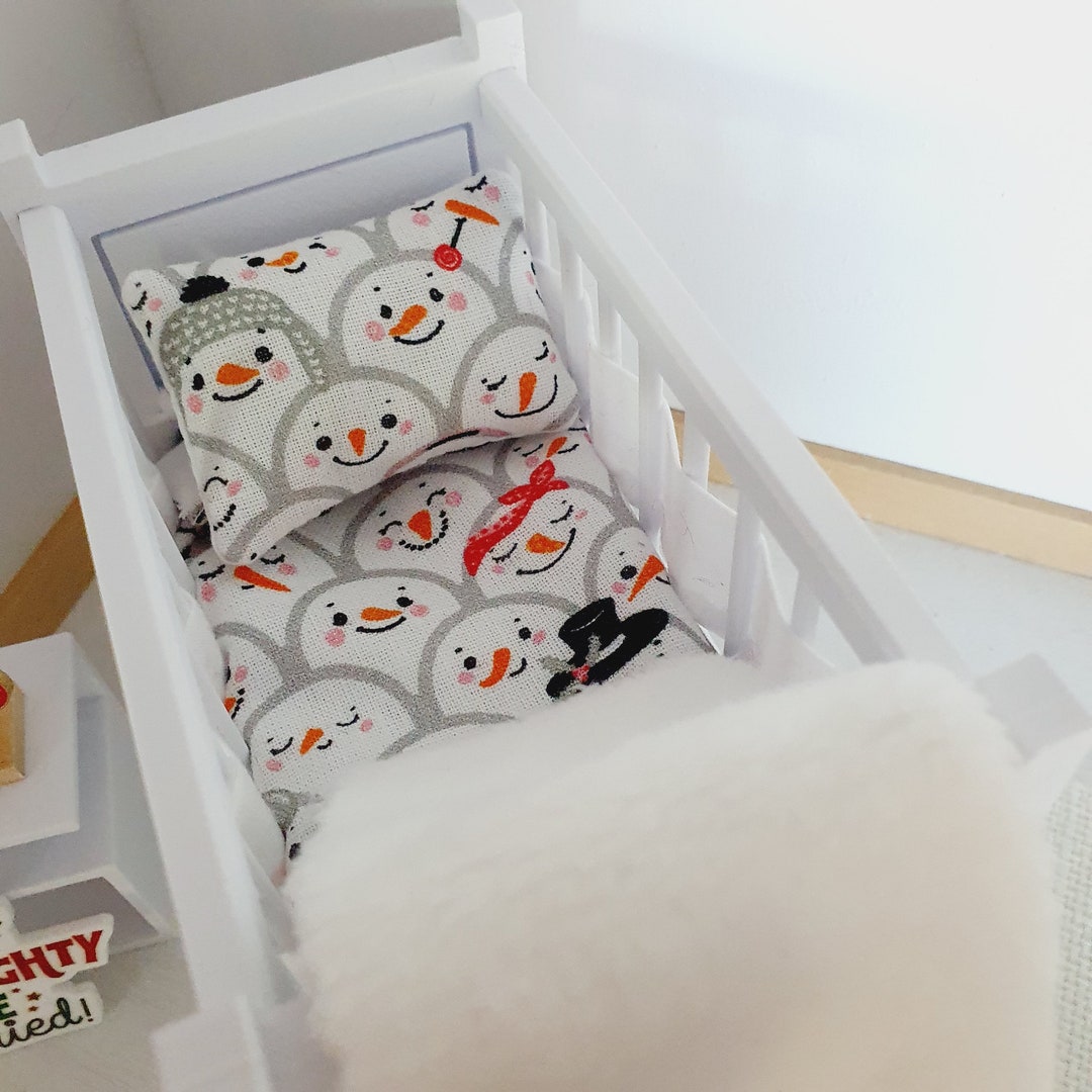 Dolls House Christmas Cot Bedding, Cute Little Snowman, 12th Scale