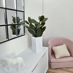 Dolls House Tall Square Vase with Green Leaves, 1:12th Scale, Miniature Plant Pot, Dollhouse Accessories