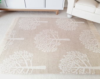 Dolls House Beige with White Trees Linen Look Rug | 1:12th Scale | Miniature Rug