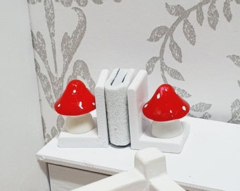 Dolls House Cute Set of Bookends with Red Mushrooms, Miniature Bookends, Books, 12th Scale