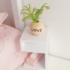 May include: White bedside table with two shelves. The top shelf has a small wooden planter with the word "LOVE" inscribed on it. The planter has a green plant inside. The bottom shelf has a pink tissue box.