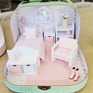 Dolls House in a Small Travel Suitcase, Pretty pink polka dot design, 12th Scale, Miniature case
