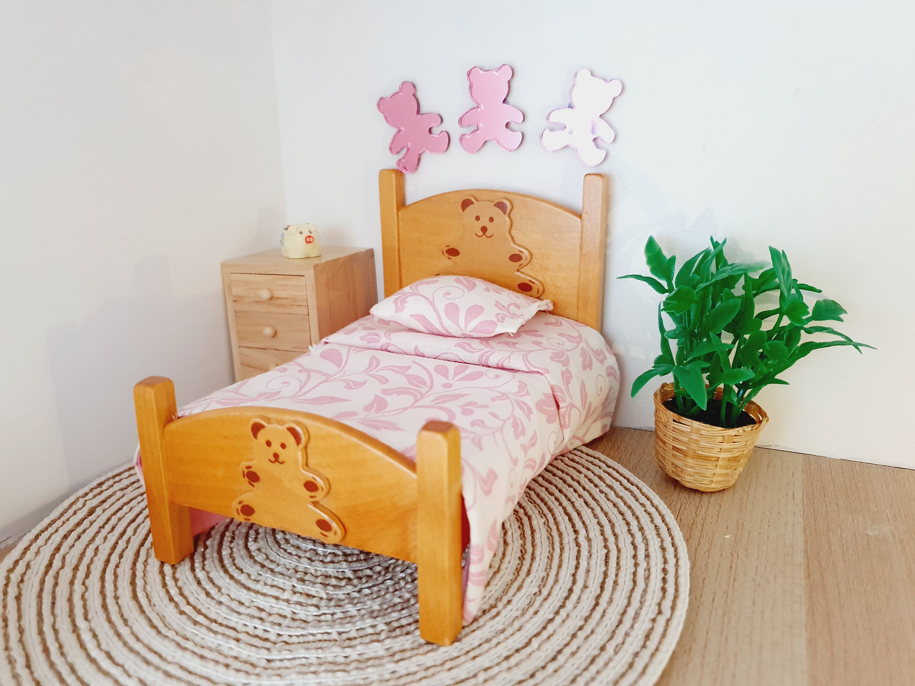 Dolls House Cute Wooden Natural Teddy Bear Junior Bed With 3 Etsy