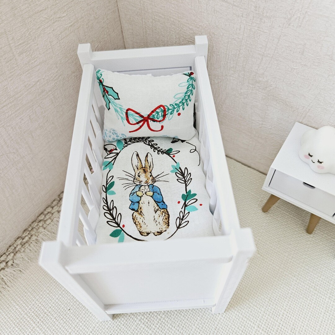 Dolls House Christmas Cot Bedding, Cute Peter Rabbit, 12th Scale