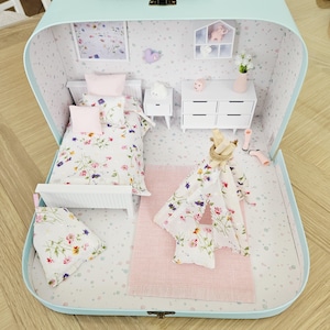 Dolls House in a Travel Suitcase, Pretty floral design, 12th Scale, Miniature case
