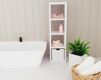 Melody Jane Dollhouse Shelf Unit With Lilac Bathroom Accessories - 1:12 Scale Miniature Furniture