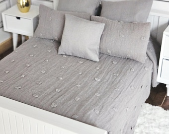 Dolls House Bedding Set: Grey Miniature Double Bed (12th Scale)