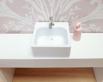 Dolls House Modern Square or Round Sink with Chrome Tap, ** SINK ONLY **  Different Colours Available, 1:12 Scale, Miniature Sink