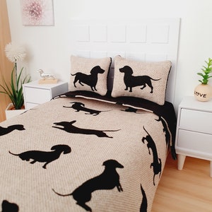 Dolls house 12th Scale 5 piece Sausage Dog Double Bedding set, miniature bed set, fun bedding