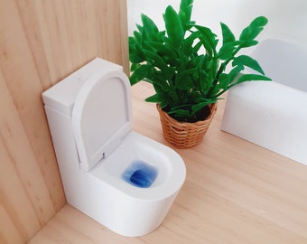 Dollhouse White Modern Toilet With Working Hinged Toilet Lid and Blue Toilet cleaner, 12th Scale, Miniature Toilet, Miniature Bathroom (T3)