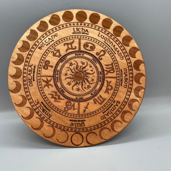 Wheel of the year | Moon Cycle | 8 Pagan festivals | Wooden grid| Laser engraved |  Wiccan calendar | Celtic | Wicca Altar kit| Sabbats