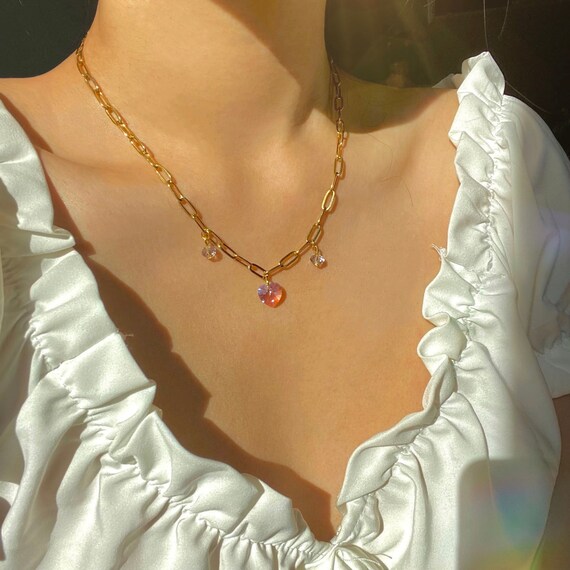 Swarovski Heart Necklace Paper Clip Chain Necklace and Chocker