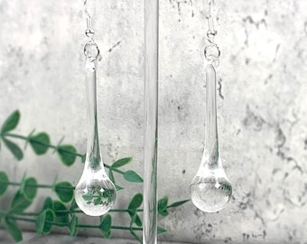 Clear glass raindrop earrings, clear crystal glass teardrop dangle earrings, minimalistic droplet jewelry, glass anniversary gift for wife