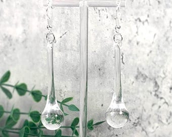 Clear glass raindrop earrings, clear crystal glass teardrop dangle earrings, minimalistic droplet jewelry, glass anniversary gift for wife