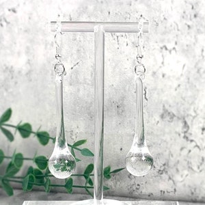Clear glass raindrop earrings, clear crystal glass teardrop dangle earrings, minimalistic droplet jewelry, glass anniversary gift for wife