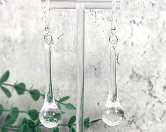 Clear glass raindrop earrings, clear crystal glass teardrop dangle earrings, minimalistic droplet jewelry, glass anniversary gift for wife