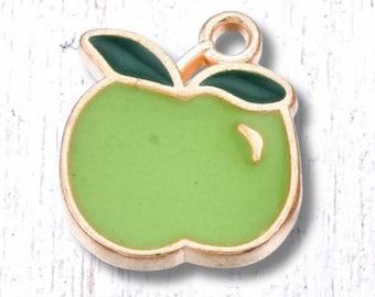 Green apple charm, 10 pcs, 15x13mm alloy with enamel, light gold finish, granny smith apple charms for jewelry and crafts