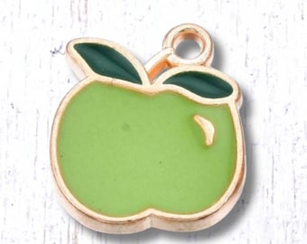 Green apple charm, 10 pcs, 15x13mm alloy with enamel, light gold finish, granny smith apple charms for jewelry and crafts