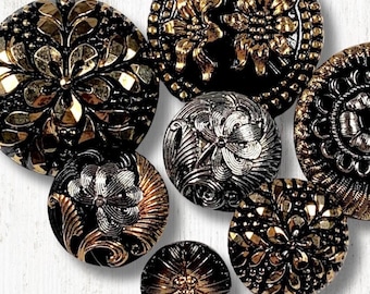 Vintage Czech glass button, Art Nouveau-inspired style pressed glass button with floral designs, black, gold, white, silver finish options