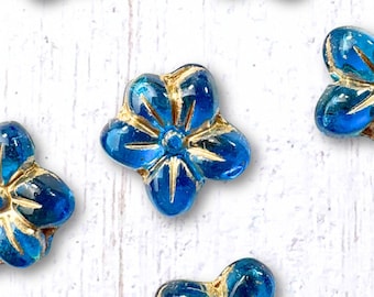 6 Czech glass flower beads, bright blue with gold inlay, 15x14.5mm