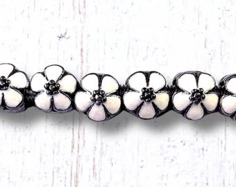 Large hole metal flower beads, alloy white enamel floral bead for DIY fairy wand or garden stake, European spacer bead for bracelets, 10 pcs