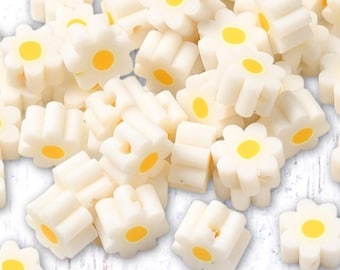50 polymer clay daisy beads, ~9mm with 1.5mm hole, white with yellow center (C0153)