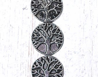 Metal spacer beads with tree pattern, 20 pcs tree of life beads, nature beads for jewelry, silvery finish flat coin beads 9x3 mm, 2mm hole
