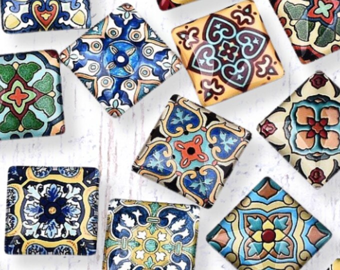 24 Tile-inspired Glass Square Cabochons, 30mm, Mixed Color Floral ...