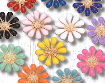 Alloy daisy cabochons, 5 pcs, 18mm, 3D golden metal with enamel, glue-on flower embellishments, no hole/loop, decorative metal flowers