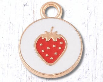 Round charm with strawberry, 10 pcs, 17x13mm alloy with enamel, light gold finish, cute fruit strawberry charms for jewelry and crafts