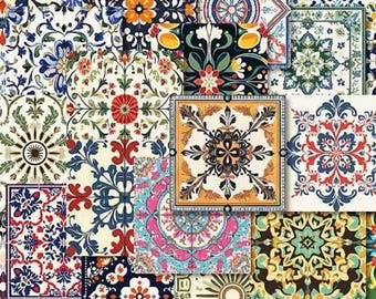 50 mini tile stickers, 1.8" Moroccan style patterned square paper stickers, colorful boho accents for scrapbooks, junk journals