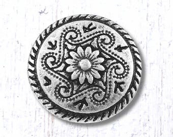 Metal floral buttons, 10 pcs, 14.8mm antique silver round with flower and scrolls, rope edge, shank button for leather jewelry, sewing
