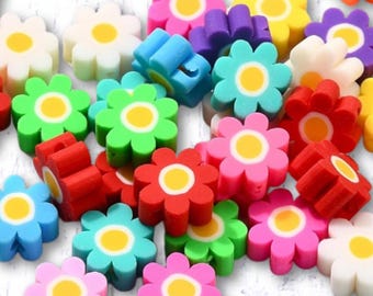 50 polymer clay daisy beads, ~9.5mm with 1.5mm hole, bright assorted color mix (C0157)
