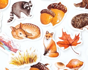 46 watercolor style woodland stickers, 1" - 1.5" paper stickers, 2 each of 23 designs, forest animals, leaves, and mushrooms