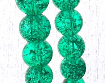 75 pcs crackle glass beads in spring green, 10 mm, 1.4 mm hole, round sparkly beads