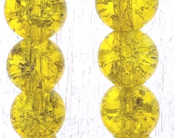 75 pcs crackle glass beads in warm yellow, 10 mm, 1.4 mm hole, round sparkly beads
