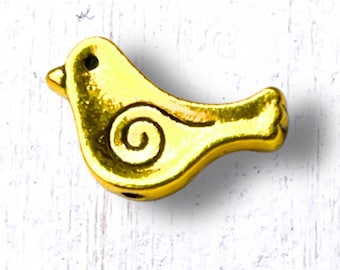 Gold metal bird spacer beads, 20 pcs, 15x9mm, 1.5mm hole, small birds animal shaped alloy beads for jewelry