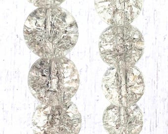 75 pcs clear crackle glass beads, 10mm, 1.4mm hole, round sparkly beads