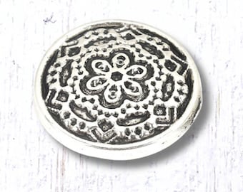 Metal floral buttons, 10 pcs, 19.5mm antique silver round with mandala pattern, shank button for clasps, leather jewelry, sewing